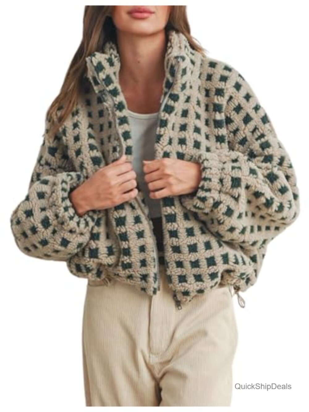 Women's Cropped Sherpa Fleece Plaid Jacket Long Sleeve Zip Up Teddy Coat